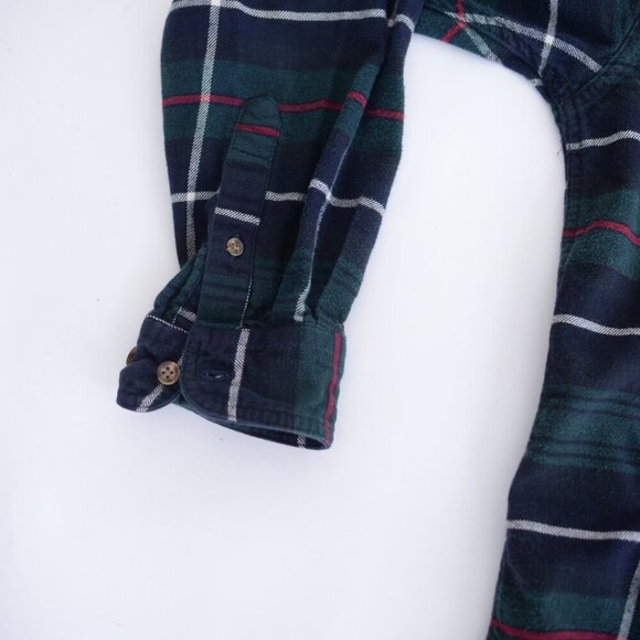 Vintage Eddie Bauer Green Navy Tartan Pattern Bainbridge Flannel Button Up Shirt - Picture 9 of 11